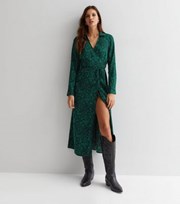 New Look Green Snake Print Wrap Collar Long Sleeve Midi Dress